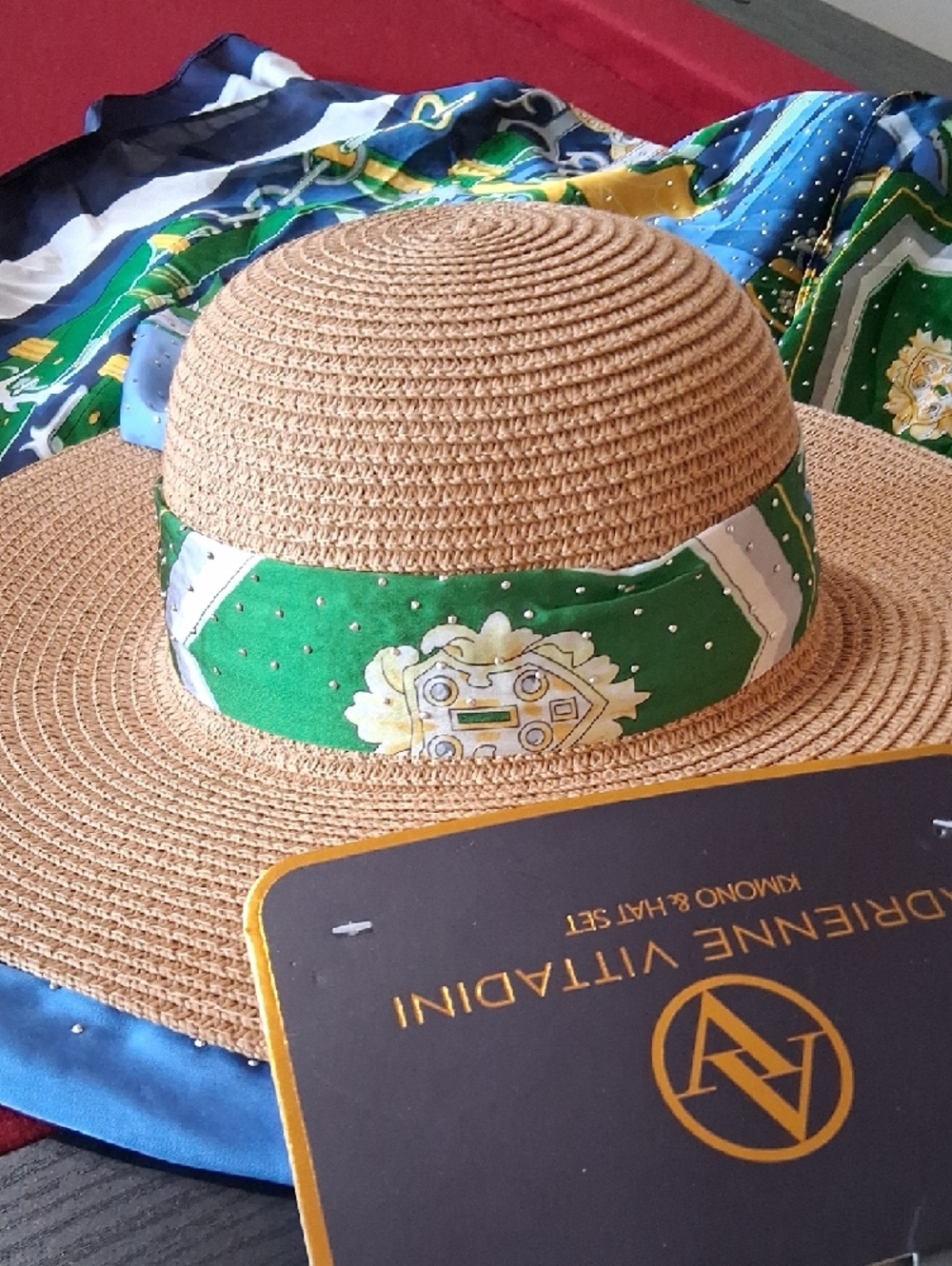 Adrienne Vittadini Blue, Green & Navy Silk Resort Kimono &  Straw Hat Set. NWT. - Picture 12 of 16